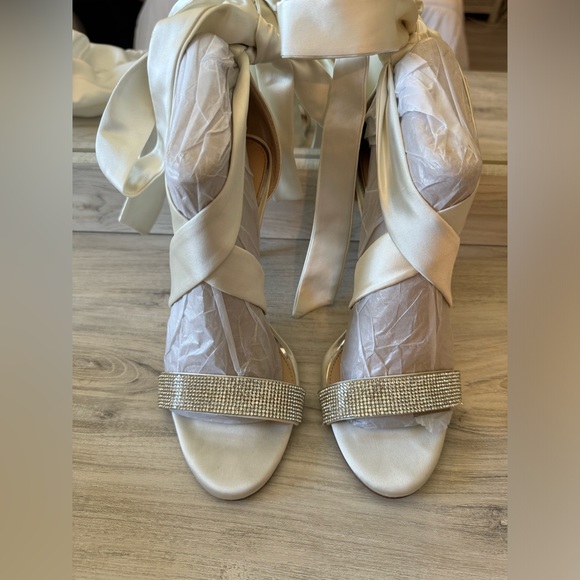Gianni Bini Shoes - Gianni Bini Cream Satin Heels with Rhinestone Strap